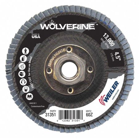 Weiler 4-1/2" Abrasive Flap Disc Conical Phenolic Bkng 60Z 5/8"-11 UNC Nut 31351