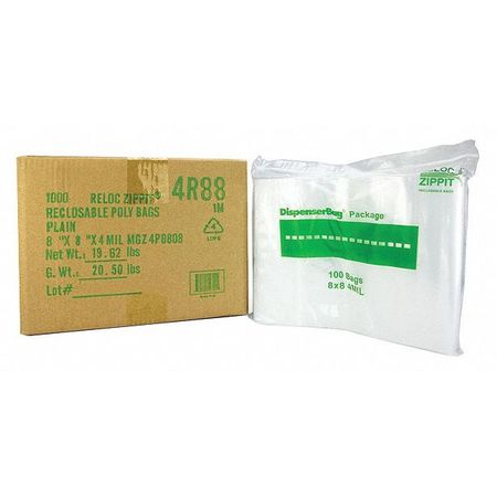 RELOC ZIPPIT Reclosable Poly Bag 4-MIL, 8"x 8", Clear 4R88