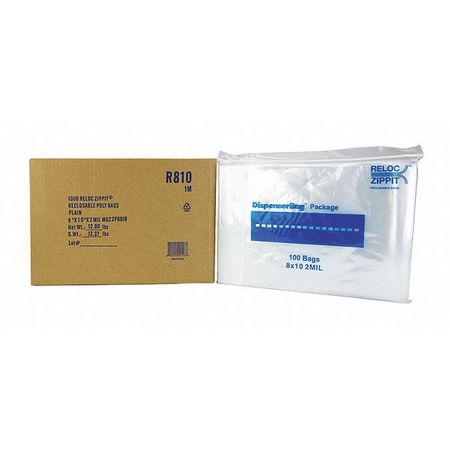 RELOC ZIPPIT Reclosable Poly Bag 2-MIL, 8"x 10", Clear R810