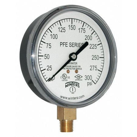 Winters Pressure Gauge, 0 to 300 psi, 1/4 in MNPT, Plastic, Black PFE3935R1