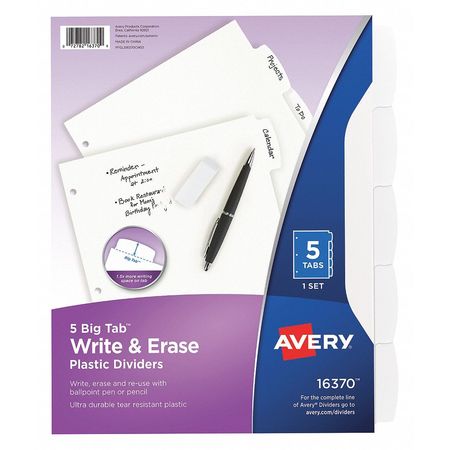 AVERY Avery® Big Tab™ Write & Erase Durable Plastic Dividers 16370, 5 White Tabs, 1 Set 7278216370
