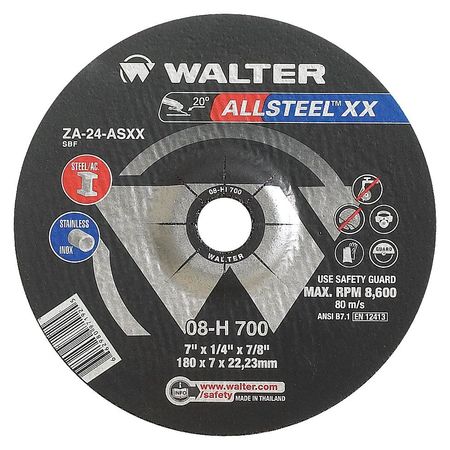 WALTER SURFACE TECHNOLOGIES Depressed Center Grinding Wheel, Type 27, 0.25 in Thick, Zirconia Alumina 08H905