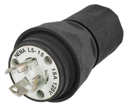 HUBBELL 15A Watertight Locking Plug 2P 3W 125VAC L5-15P BK HBL24W47BK