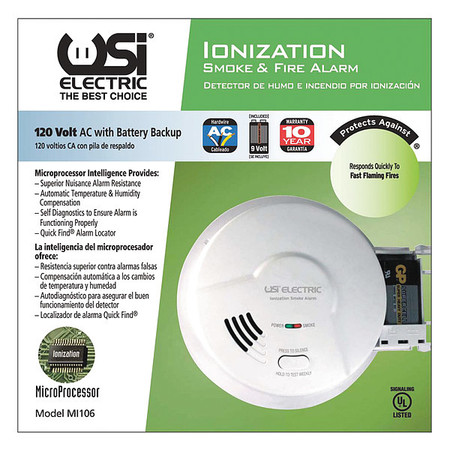 UNIVERSAL / USI ELECTRIC Ionization Smoke Alarm, Ionization Sensor, 85 dB @ 10 ft Audible Alert MI106