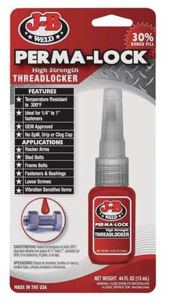 J-B Weld Threadlocker, J-B WELD Perma-Lock, Red, High Strength, Liquid, 13 mL Bottle 27113