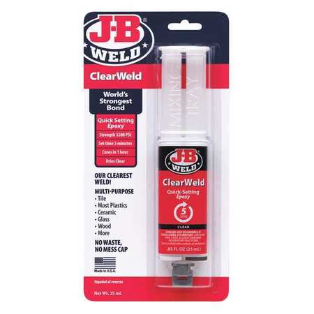 J-B Weld Epoxy Adhesive, ClearWeld Series, Transparent Yellow, Syringe, 1:01 Mix Ratio, 1 hr Functional Cure 50112