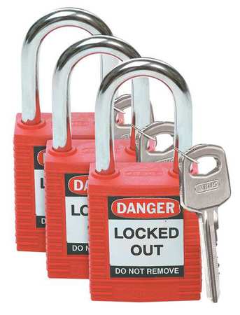 BRADY Lockout Padlock, KA, Red, 1-3/4"H, PK3, Number of Keys: 1 105886