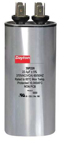 DAYTON Motor Run Capacitor, 22.5 MFD, 3-5/8 In. H 39P226