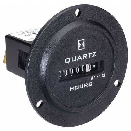 Trumeter Hour Meter, Round, Electromechanical, Non Resettable, Hours/Tenths, 120 to 240V AC, 6 Digits, Black 722-0004