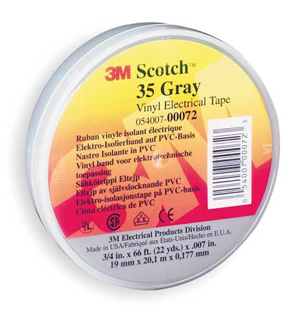 3M Vinyl Electrical Tape, 35, Scotch, 3/4 in W x 66 ft L , 7 mil thick, Gray, 1 Pack 35-GRAY-3/4