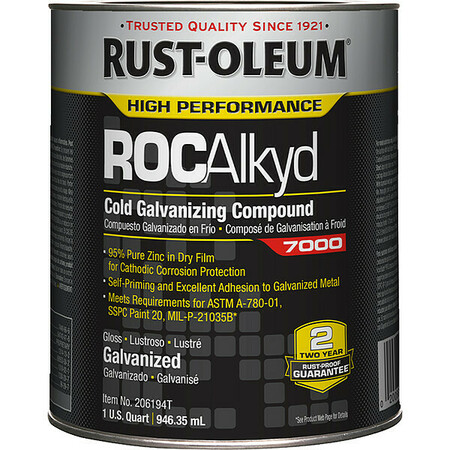 RUST-OLEUM ROCAlkyd Cold Galvanizing Compound, 7000, For Metal, Gray, Exterior/Interior, Solvent, 1 qt 206194T