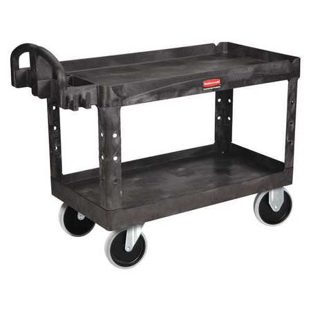 Rubbermaid Commercial Utility Cart with Deep Lipped Plastic Shelves, Plastic, Ergonomic, 2 Shelves, 750 lb FG454600BLA