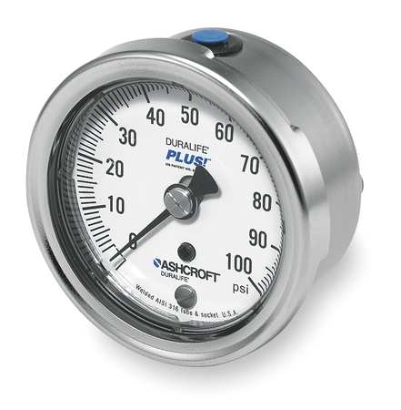 ASHCROFT Pressure Gauge, 0 to 100 psi, 1/4 in MNPT, Stainless Steel, Silver 251009SW02BX6B100