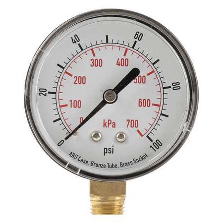 Zoro Select Pressure Gauge, 0 to 100 psi, 1/4 in MNPT, Plastic, Black 4FLV9