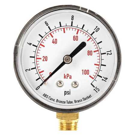 Zoro Select Pressure Gauge, 0 to 15 psi, 1/4 in MNPT, Plastic, Black 4FLV6