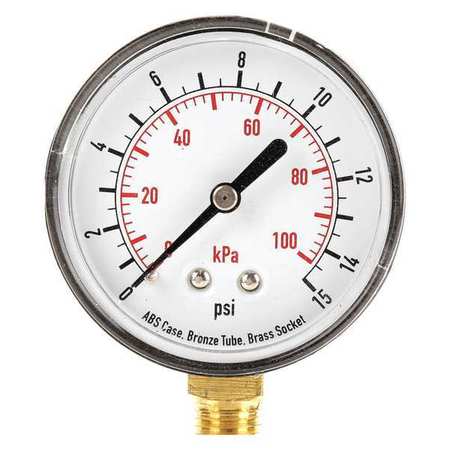 ZORO SELECT Pressure Gauge, 0 to 15 psi, 1/4 in MNPT, Plastic, Black 4FLV6