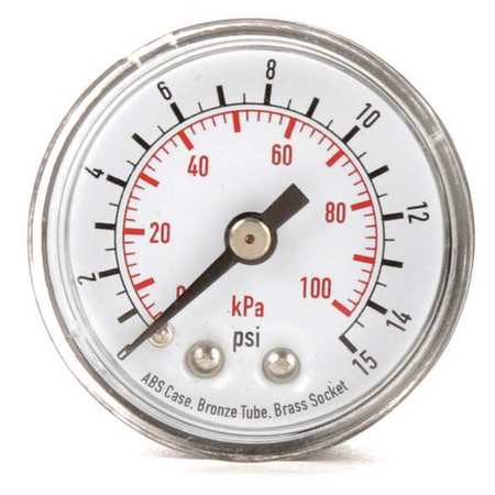 Zoro Select Pressure Gauge, Commercial, 0 to 15 psi, 1 1/2 in Dial, 1/8 in MNPT, Plastic, Black 4FLZ4
