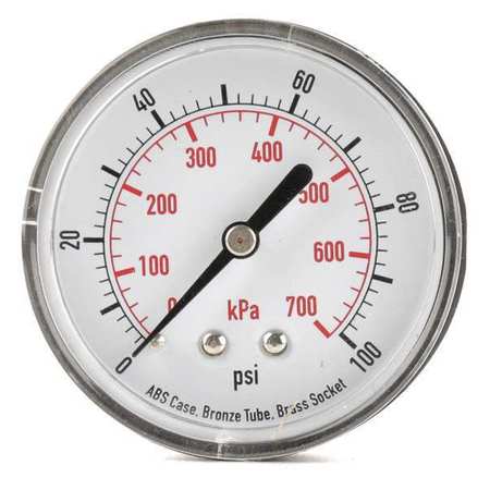 Zoro Select Pressure Gauge, 0 to 100 psi, 1/4 in MNPT, Plastic, Black 4FME5