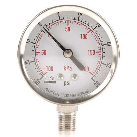 Zoro Select Compound Gauge, -30 to 0 to 30 in Hg/psi, 1/4 in MNPT, Stainless Steel, Silver 4FML9