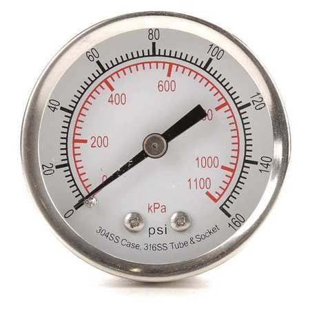 Zoro Select Pressure Gauge, 0 to 160 psi, 1/4 in MNPT, Stainless Steel, Silver 4FMV1