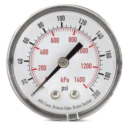 Zoro Select Pressure Gauge, 0 to 200 psi, 1/4 in MNPT, Plastic, Black 4FMC8