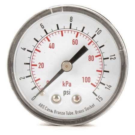 Zoro Select Pressure Gauge, 0 to 15 psi, 1/4 in MNPT, Plastic, Black 4FMC3