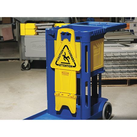 Rubbermaid Floor Safety Sign, Caution, Eng/Sp/Fr, 25 in H, 13 in W, Polypropylene, Rectangle, FG9S0900YEL FG9S0900YEL