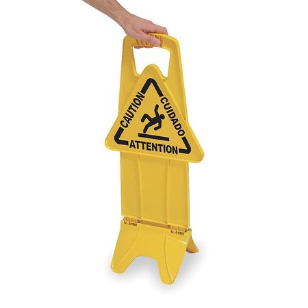 Rubbermaid Floor Safety Sign, Caution, Eng/Sp/Fr, 25 in H, 13 in W, Polypropylene, Rectangle, FG9S0900YEL FG9S0900YEL