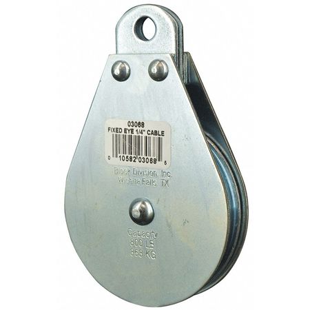 ZORO SELECT Pulley Block, Wire Rope, 1/4 in Max Cable Size, 800 lb Max Load, Zinc Plated 4JX78