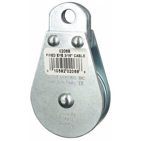 ZORO SELECT Pulley Block, Wire Rope, 3/16 in Max Cable Size, 600 lb Max Load, Zinc Plated 4JX70