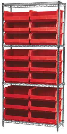 AKRO-MILS Steel Wire Bin Shelving, 36 in W x 74 in H x 14 in D, 4 Shelves, Silver/Red AWS143630250R