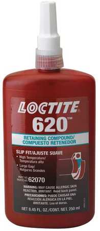 Loctite Retaining Compound, 620 Series, Green, Liquid, High-Temperature Resistant, 250 mL Bottle 135515