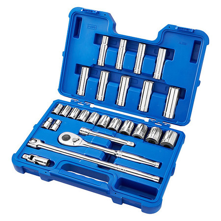 WESTWARD 1/2" Drive Socket Wrench Set SAE 26 Pieces 7/16 in to 1 1/4 in , Chrome 4LWZ8