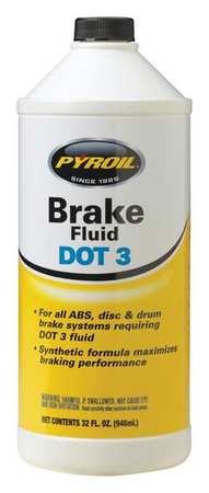 Pyroil Brake Fluid, Bottle, 1 qt, Disc Brakes/Drum Brakes, DOT 3, Glycol, Amber PYBF32