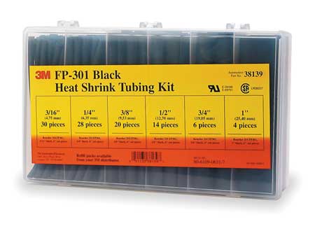 3M Heat Shrink Tubing Kit, Black, 6" L, 2:1, Polyolefin, 600 V Dielectric Strength, 102 Pcs FP301-3/16 TO 1-BLACK-5-102 PC KITS