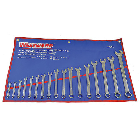 WESTWARD Combination Wrench Set, Satin, 7-27mm, 17Pc 4PL91