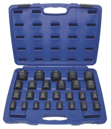 Westward 1/2" Drive Impact Socket Set, Metric, 26 pcs 4PRG6