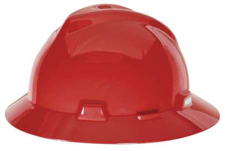 Msa Safety Full Brim Hard Hat, Type 1, Class E, Ratchet (4-Point), Red 475371