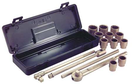 Ampco Safety Tools 3/4" Drive Socket Set SAE 15 Pieces 1 5/16 in to 2 in , Beryllium Copper Alloy Plated W-291