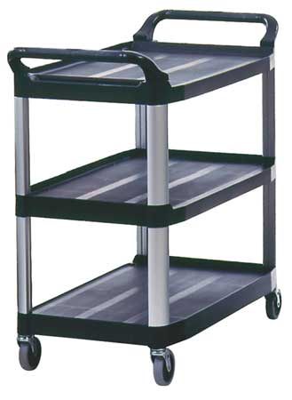 RUBBERMAID COMMERCIAL Plastic Dual-Handle Utility Cart with Lipped Plastic Shelves, (2) Raised, 3 Shelves, 300 lb FG409100BLA