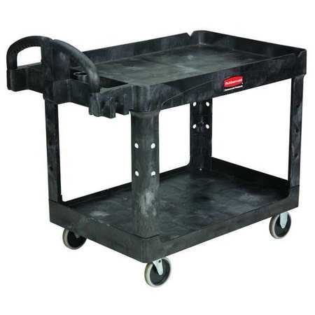 Rubbermaid Commercial Plastic Utility Cart with Deep Lipped Plastic Shelves, Ergonomic, 2 Shelves, 500 lbs. FG452088BLA