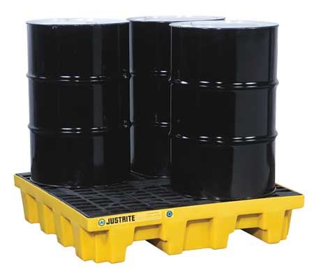 Justrite Drum Spill Containment Pallet, 73 gal Spill Capacity, 4 Drum, 5000 lb., Recycled Polyethylene 28634