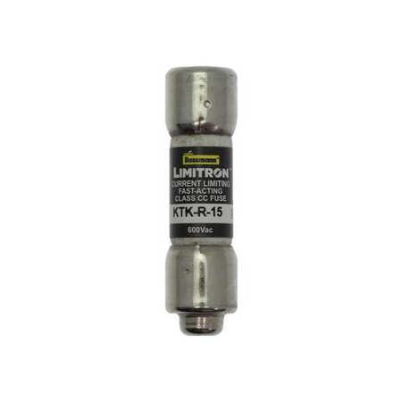 EATON BUSSMANN UL Class CC Fuse, Fast Acting, 15A, KTK-R Series, 600V AC, Not Rated, 1 1/2 in L x 13/32 in dia KTK-R-15