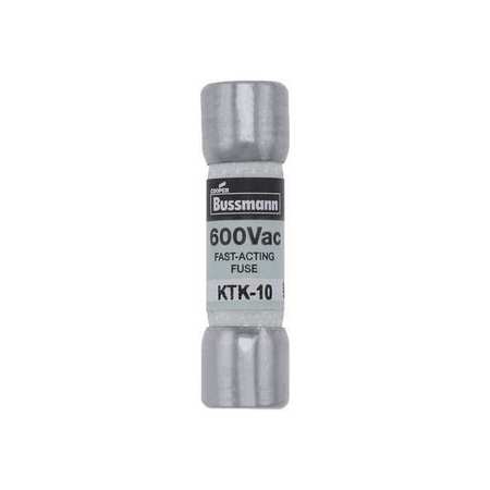 EATON BUSSMANN Fuse, Fast Acting, 10A, KTK Series, 600V AC, Not Rated, 1 1/2 in L x 13/32 in dia KTK-10