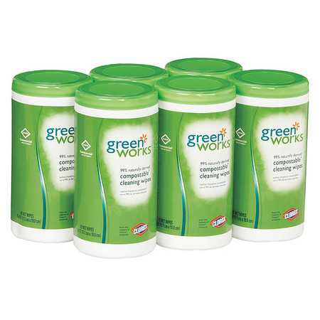 Green Works Natural Compostable Wipes, White, Canister, 62 Wipes, 7 in x 8 in, Citrus, 6 PK 30380