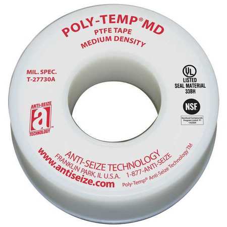 Anti-Seize Technology Thread Sealant Tape, Poly-Temp, Medium Density, 1/2 in W x 43 ft L, White,  16035