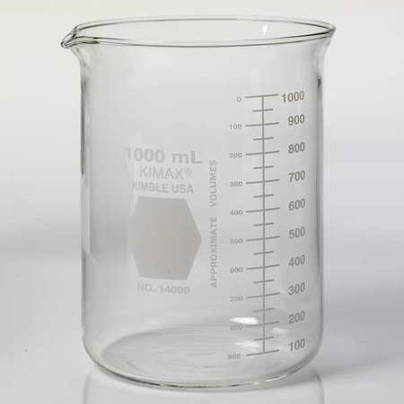 KIMBLE CHASE Beaker, 1000mL, Glass, 145mm H., PK24 14000-1000