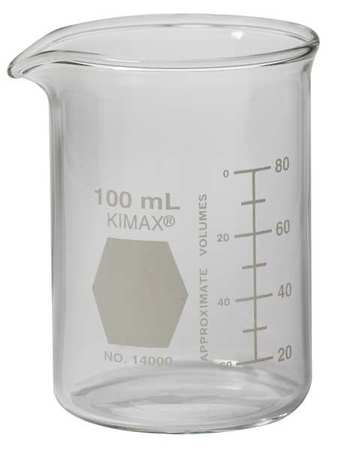 KIMBLE CHASE Beaker, 100mL, Glass, 70mm H., PK48 14000-100