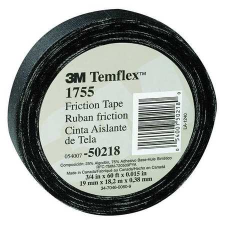 3M Cloth Friction Tape, 1755, Temflex, 3/4 in W x 60 ft L, 13 mil thick, Black, 1 Pack 1755 3/4"X60'