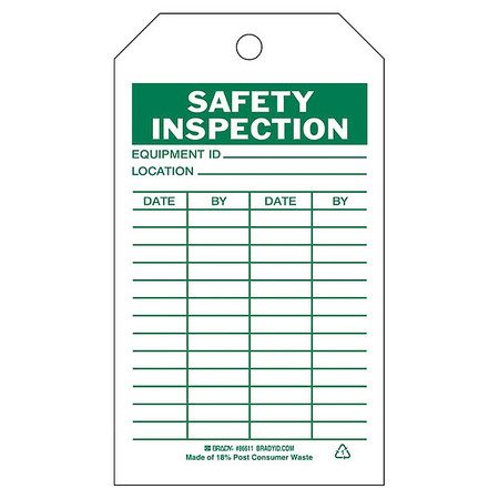 Brady Saf Inspection Tag, 7 x 4 In, Grn/Wht, PK10 86611